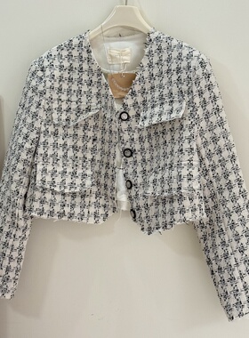 特价清仓~现韩系温柔甜美黑白格子西装短款V领毛边小香风外套