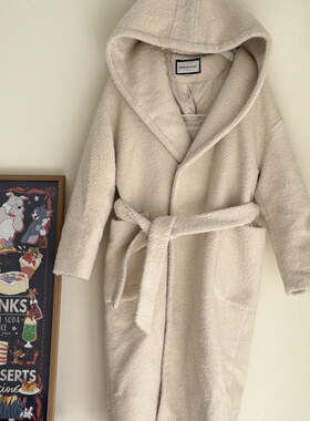 特价清仓~杏色连帽睡袍款绑带长款毛呢大衣宽松百搭保暖外套