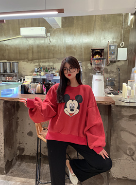 特价清仓~超好看红色米奇卡通圆领宽松套头抓绒卫衣女
