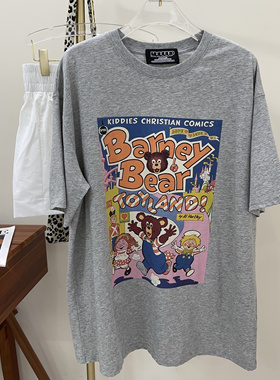 韩国2024夏季新款卡通印花灰色短袖t恤女宽松显瘦上衣ins潮大版T