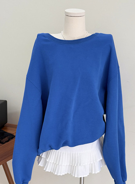 特价清仓~ HOLDER ME 蓝色露背绑带露肩纯色卫衣宽松显瘦上衣 女