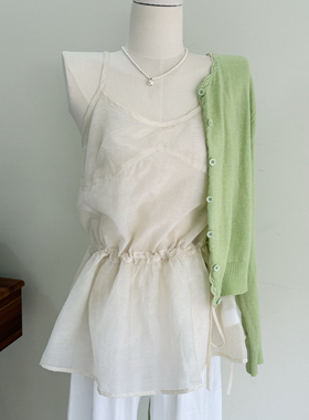 韩国ins风叠穿吊带裙女打底透视甜美气质收腰绑带杏色吊带衫实拍