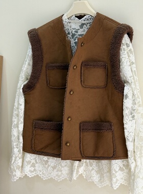 特价清仓~美拉德色系皮毛一体羊羔毛鹿皮绒复古背心马甲叠穿上衣
