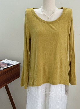 特价清仓姜黄色柔软亲肤含羊毛圆领长袖T恤宽松显瘦打底衫上衣