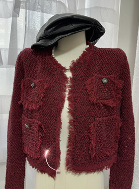 红色小香风流苏水钻扣气质显瘦短款口袋上衣外套女针织衫