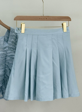 特价清仓四季青韩系ins风蓝色高腰百褶裙短款半裙甜美A字裙