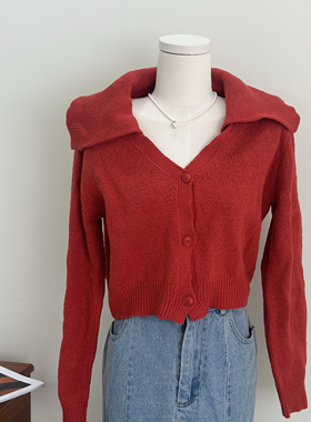 特价清仓~超好看橘红色翻领V领显瘦单排扣毛衣开衫女