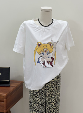 特价清仓~宽松圆领短袖卡通美少女印花百搭休闲白色T恤衫
