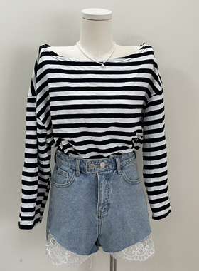 特价清仓韩版别致条纹长袖T恤罩衫女秋季性感宽松露肩上衣ins现货