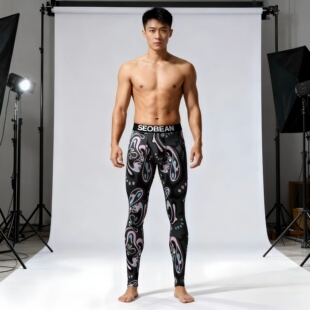 男士薄款秋裤时尚低腰性感男式打底裤紧身保暖裤运动弹力印花青年