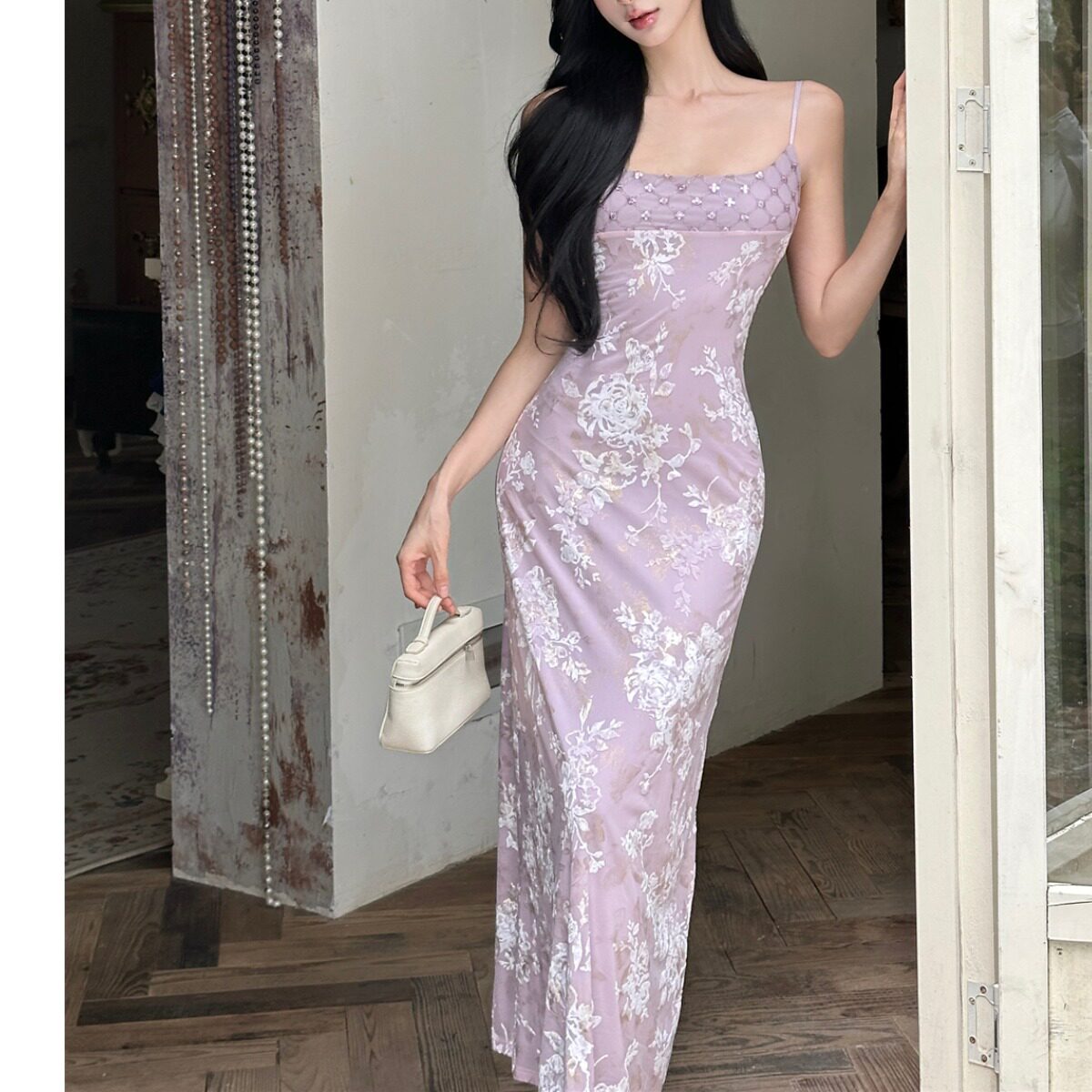 长款收腰a字吊带连衣裙女夏季修身裙子过生日礼服国风旗袍晚礼服