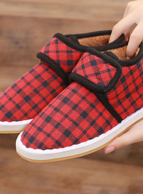 冬加绒加厚居家居室内防滑保暖黑色包跟棉布艺拖鞋中老年手工棉鞋