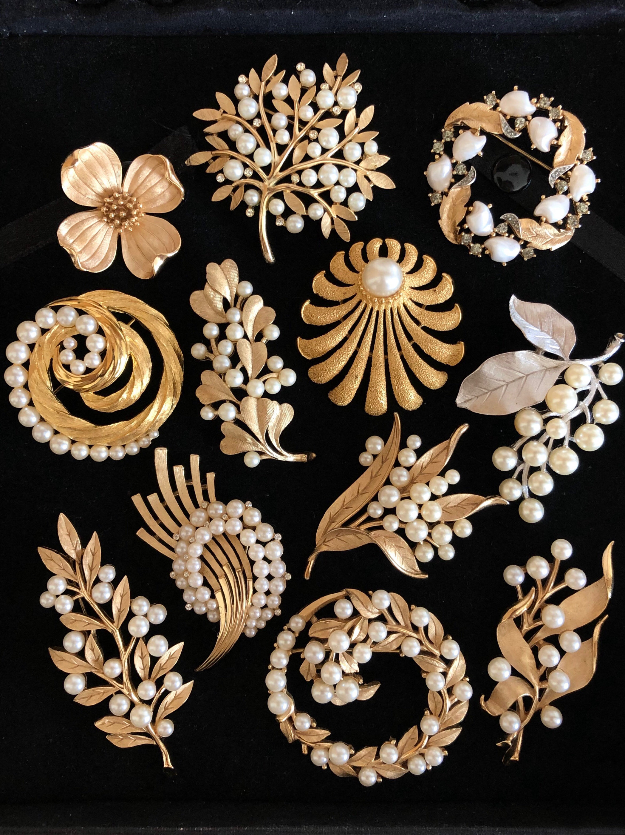 vintage西洋中古董首饰trifari翠法丽中古着刷金珍珠花叶胸针耳夹