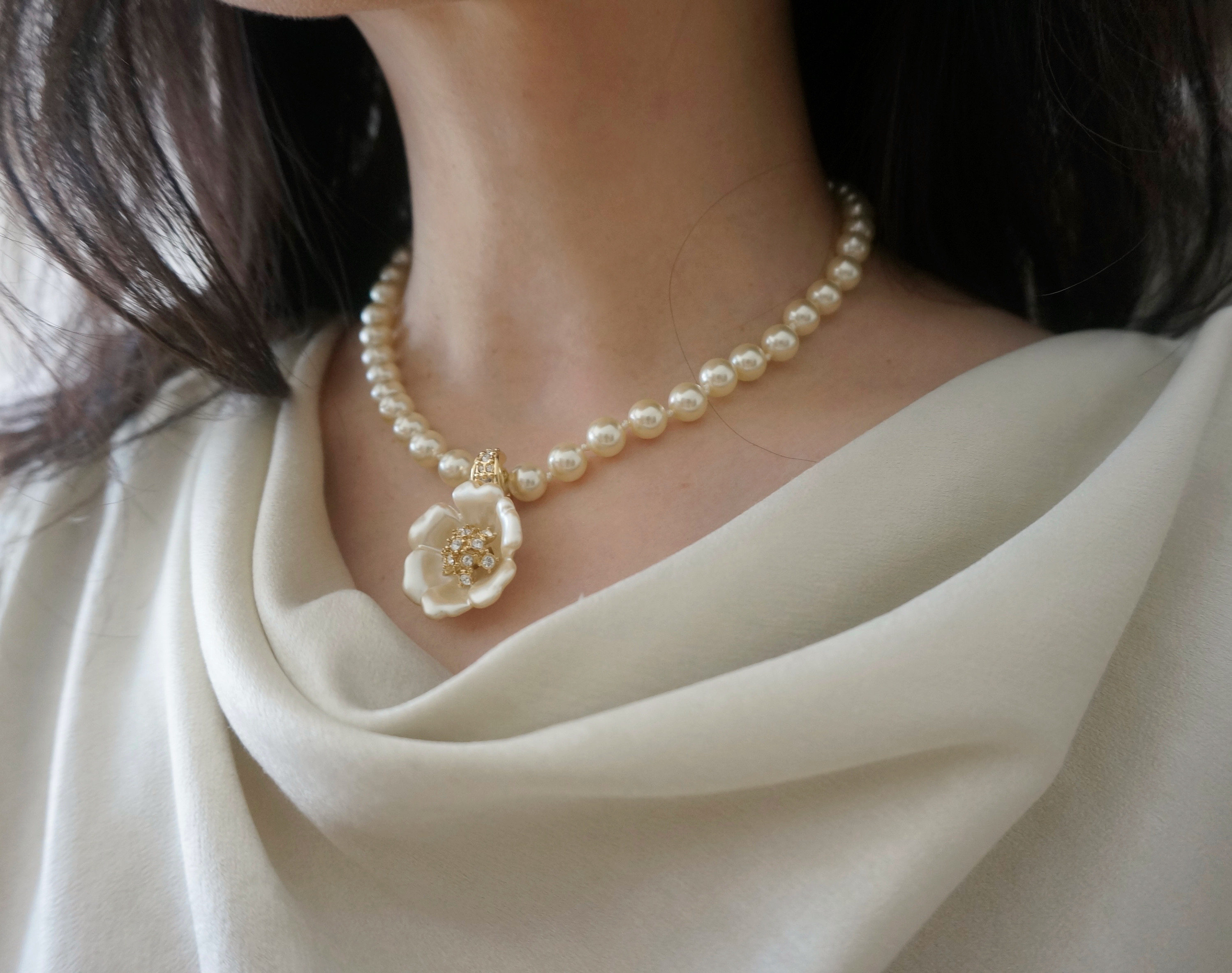 vintage古董首饰nolanmiller优雅莱茵石山茶花仿珍珠项链复古颈链