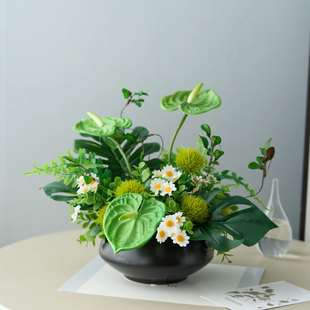 已陌新中式高级感仿真花假绿植客厅餐桌岛台样板间装饰品摆件盆栽