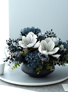 新中式现代仿真花艺套装灰色高级玉兰客厅餐桌书房假花装饰摆件设