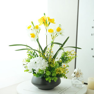 已陌新中式黄白水仙仿真花假花花艺组合花束桌面客厅餐桌摆件装饰