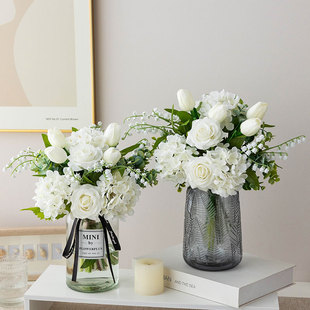 北欧小清新白玫瑰仿真花假花铃兰绣球客厅摆设室内装饰干花束摆件
