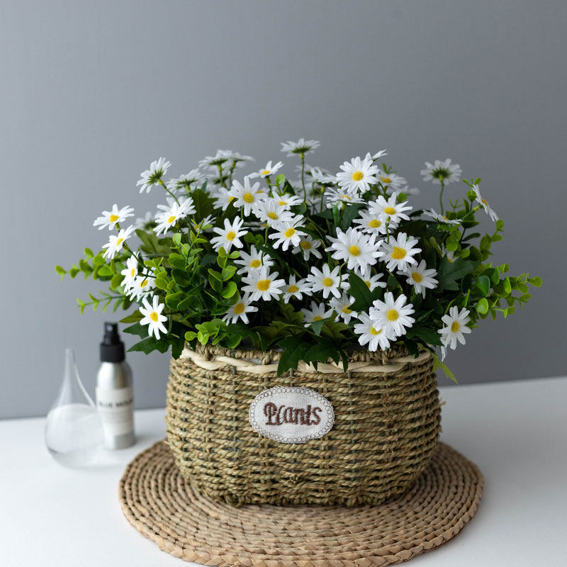 北欧田园户外阳台白紫色野雏菊手工柳编藤编布艺花盆篮摄影套装