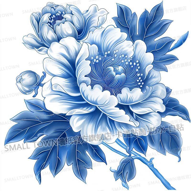 中国风青花牡丹图案自粘贴画卫生间马桶贴厨房冰箱装饰防水自贴画