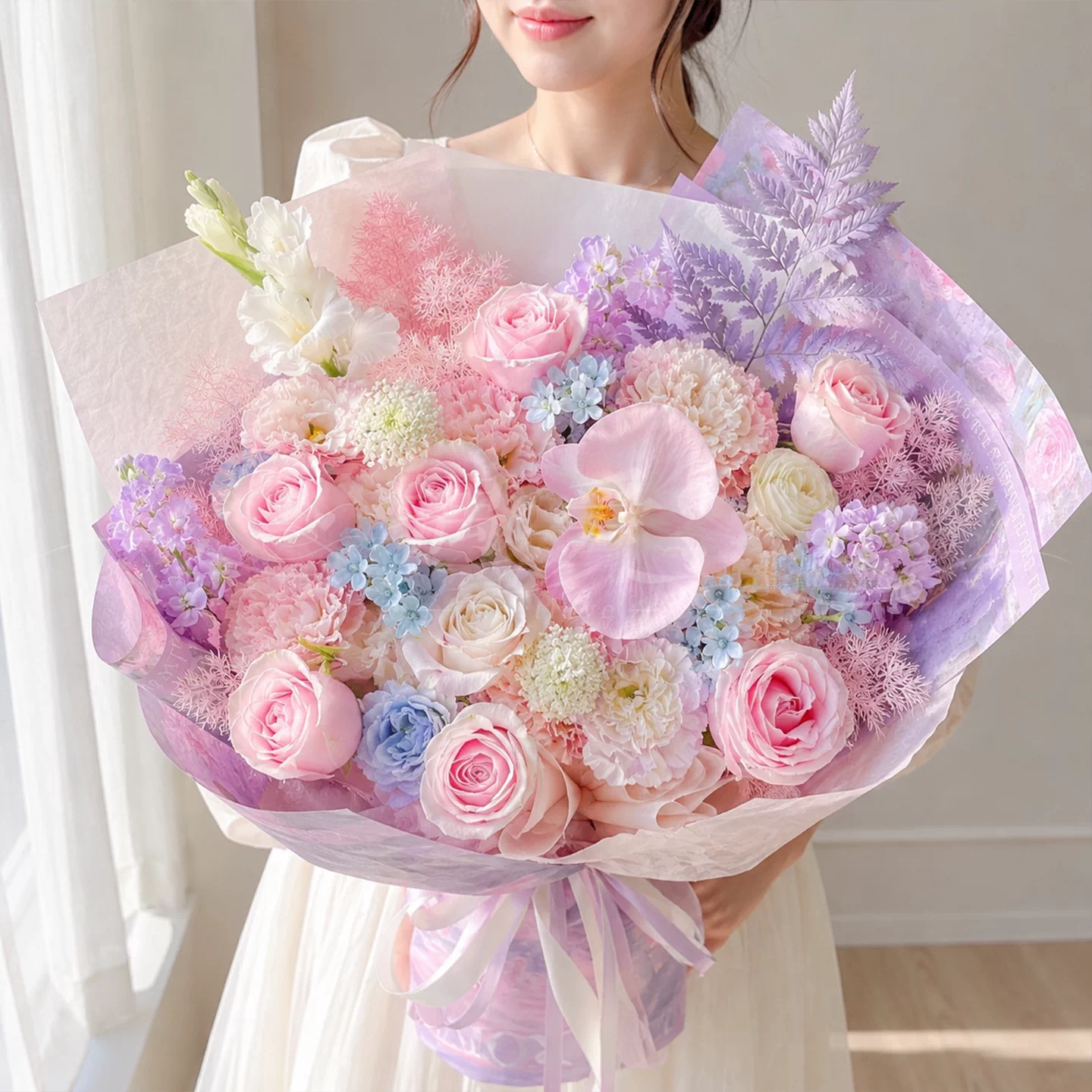蝴蝶兰粉玫瑰花束混搭鲜花速递同城配送女友生日礼物北京上海全国