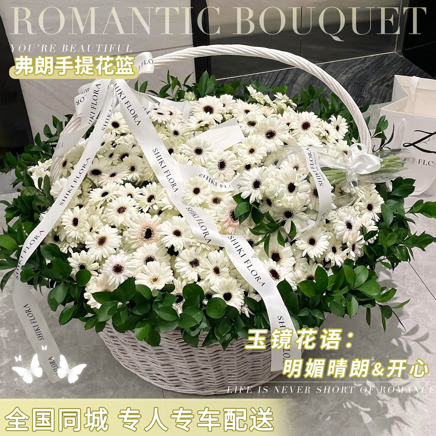 弗朗非洲菊手提花篮抱抱桶鲜花速递同城配送女友生日北京上海杭州