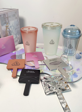 3CE镜子周边粉色蓝绿磨砂冷水杯650ml银色黑色宇宙限定小号化妆镜