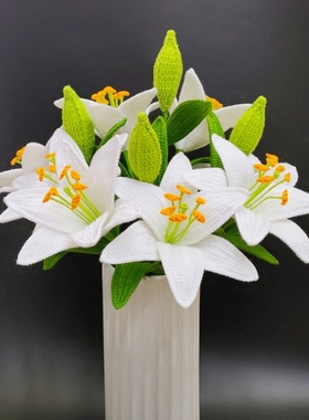成品钩针编织毛线花桌面插花送礼花束仿真花假花白色百合花材料包