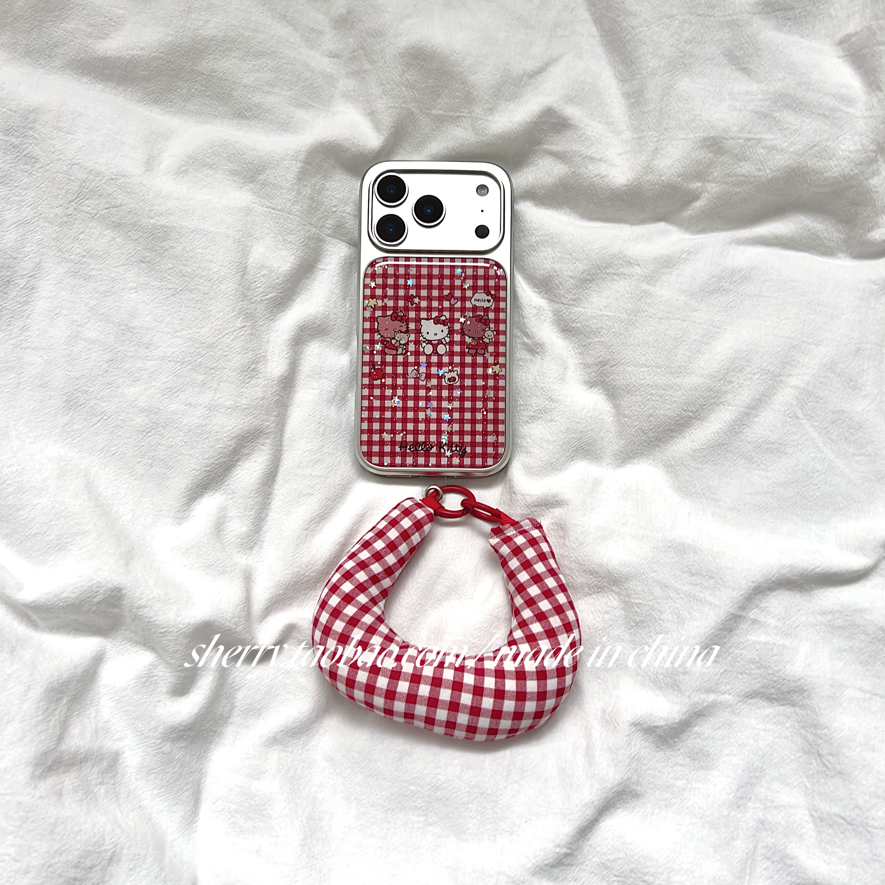 红色格子亮片kt猫手机壳可爱卡通