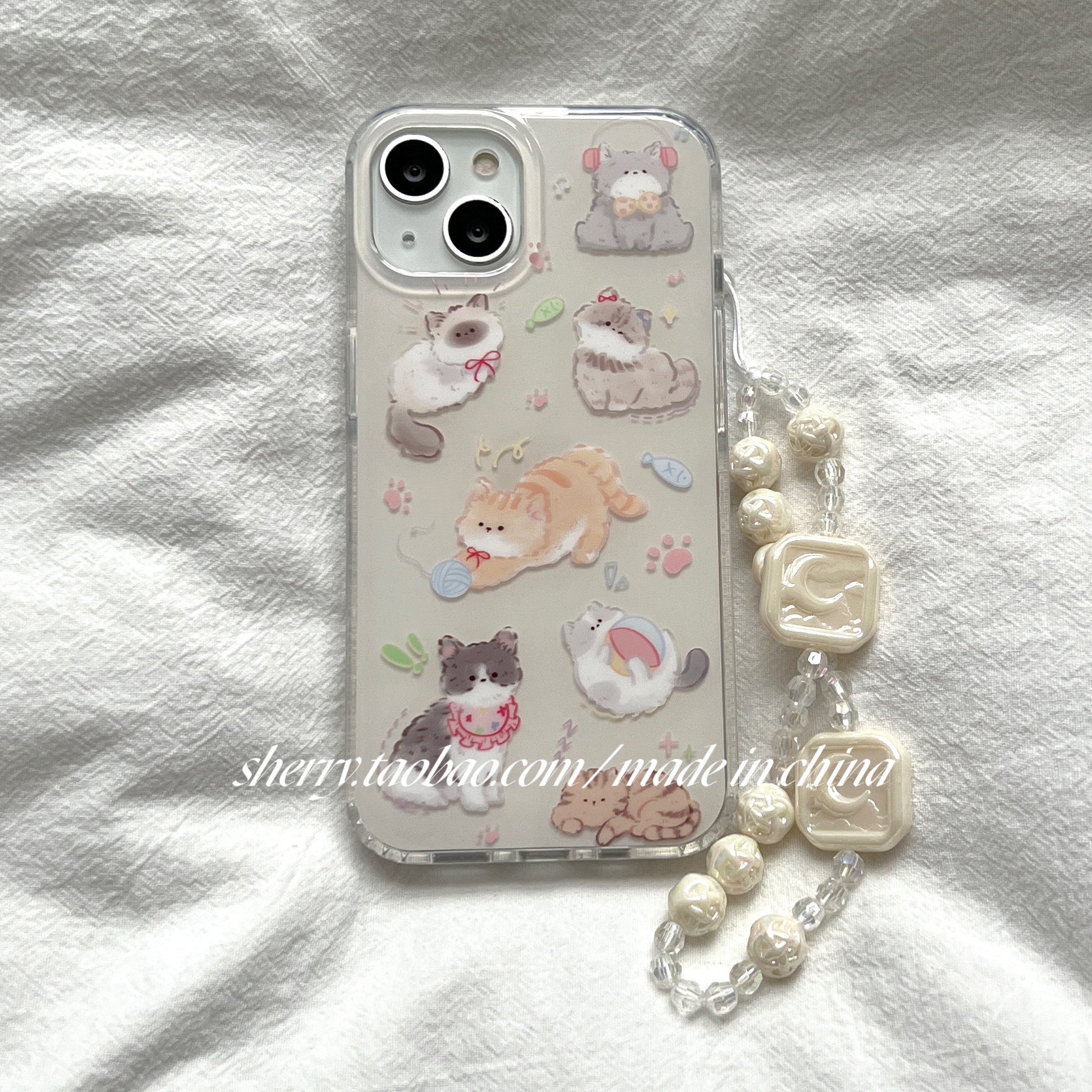 SHERRY*ins奶油毛线球小黄猫双层印花适用于iphone16promax苹果15小众14手机壳13少女12可爱清新卡通新款链条