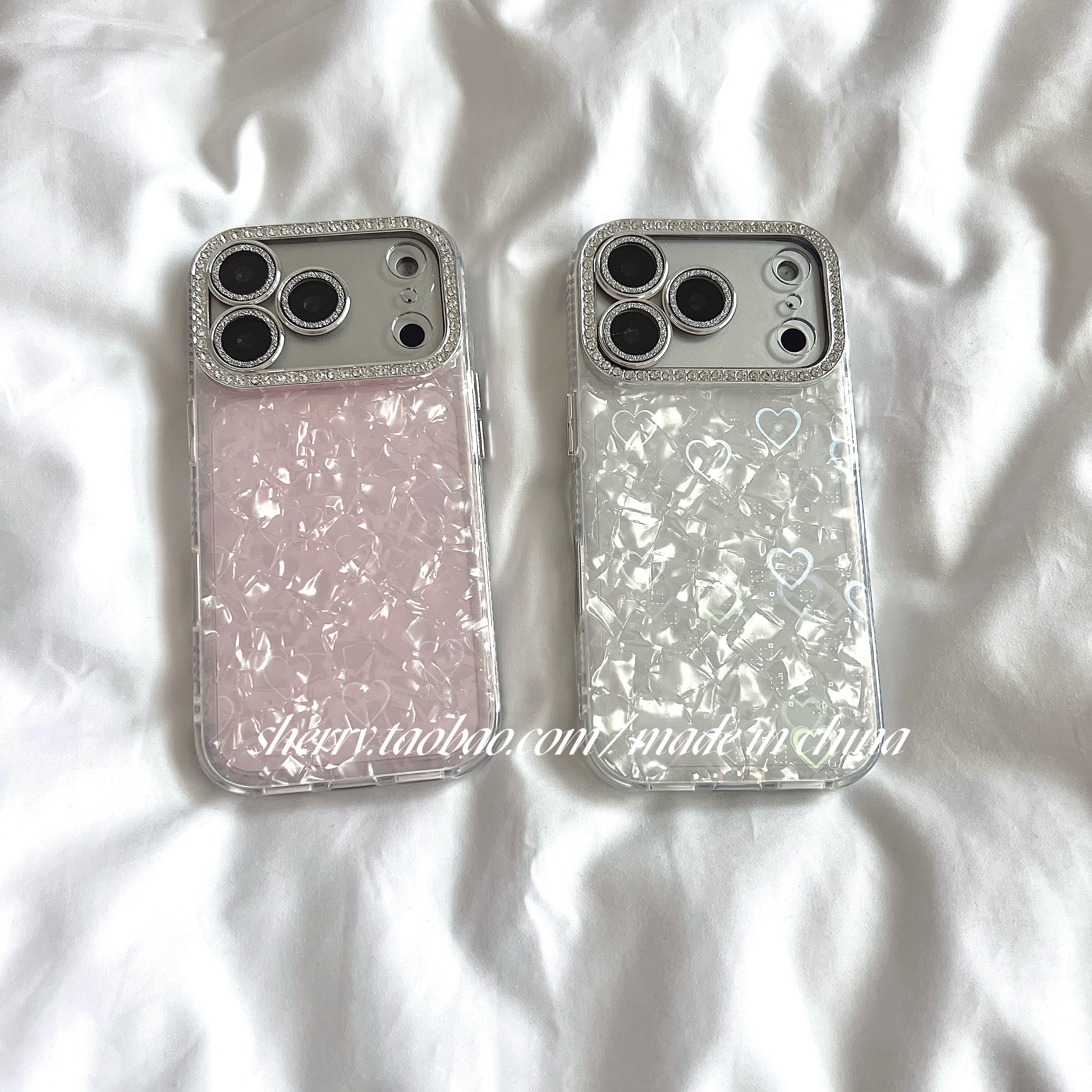SHERRY*ins风高级感粉白色贝壳纹镭射爱心适用于苹果17ProMax手机壳iPhone16Pro小众少女心15简约小清新温柔