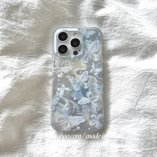 SHERRY 少女心软 ins蓝色晕染水波纹蝴蝶适用于苹果16ProMax手机壳iPhone15Pro全包14卡通13防摔12保护套新款