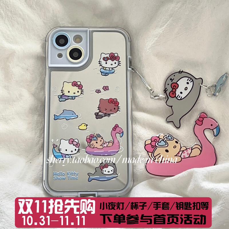 SHERRY*ins风少女心镜面kt泳圈火烈鸟支架适用于iphone14promax苹果13小众12手机壳韩风可爱卡通情侣夏日新款
