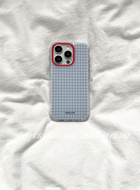 SHERRY*ins夏日亮蓝色格子红镜框高级感适用于苹果17ProMax手机壳iPhone16Pro小众少女心15简约14清新13卡通