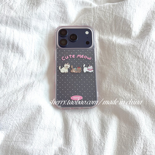 SHERRY*ins风透粉波点三只小猫咪适用于苹果17ProMax手机壳iPhone16Pro小众少女心15简约小清新卡通可爱软萌