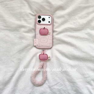 ins风粉色格子立体苹果仿皮适用于苹果17ProMax手机壳iPhone16Pro小众少女心15简约14小清新卡通可爱 SHERRY