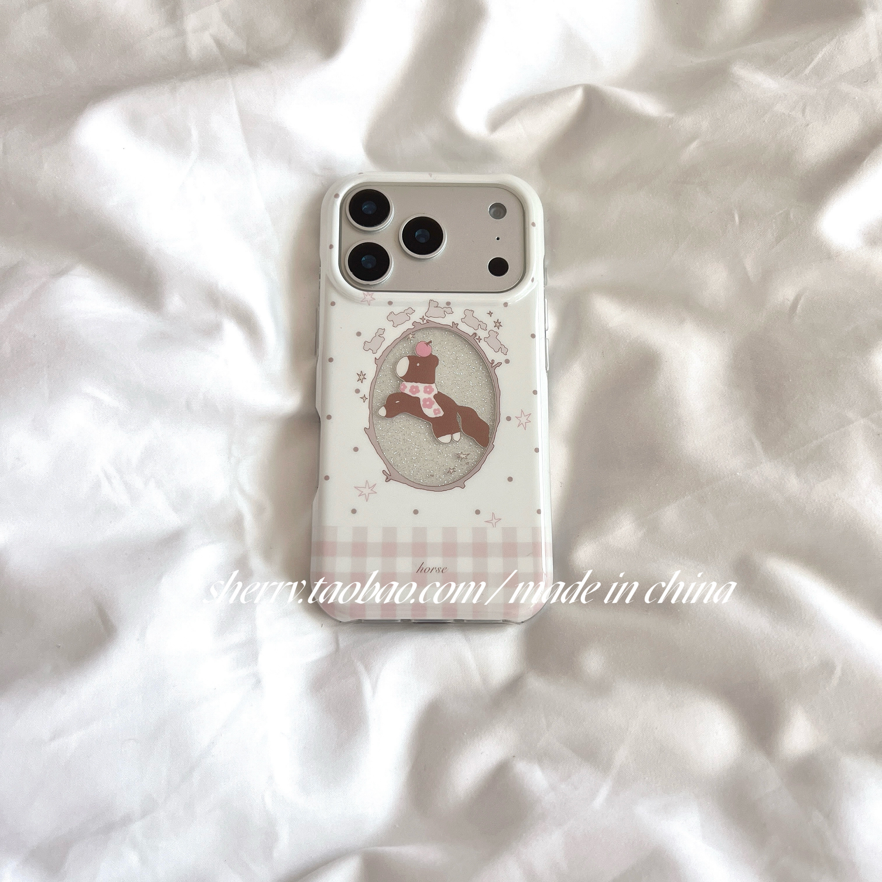 SHERRY*ins风少女心粉格纹镂空闪粉小马适用于苹果17ProMax手机壳iPhone16Pro小众15简约14小清新卡通可爱萌,3C数码配件,手机保护套/壳,淘宝优惠券,粉丝福利购,淘宝优惠卷