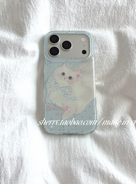SHERRY*ins风蓝底蝴蝶结白色布偶猫适用于苹果17ProMax手机壳iPhone16Pro小众少女心15简约小清新卡通可爱萌
