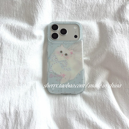SHERRY*ins风蓝底蝴蝶结白色布偶猫适用于苹果17ProMax手机壳iPhone16Pro小众少女心15简约小清新卡通可爱萌