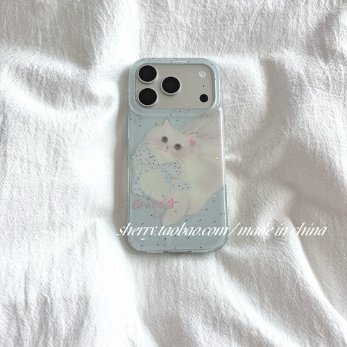 SHERRY*ins风蓝底蝴蝶结白色布偶猫适用于苹果17ProMax手机壳iPhone16Pro小众少女心15简约小清新卡通可爱萌