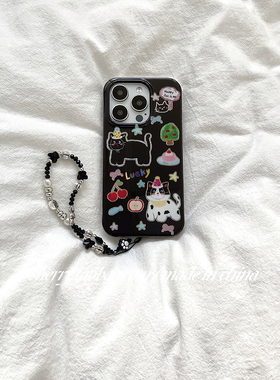 SHERRY*ins风甜酷可爱黑色闪粉樱桃猫咪适用于苹果17ProMax手机壳iPhone16Pro小众少女心15简约14清新13卡通