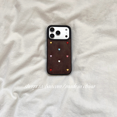 ins风棕皮小爱心iPhone手机壳