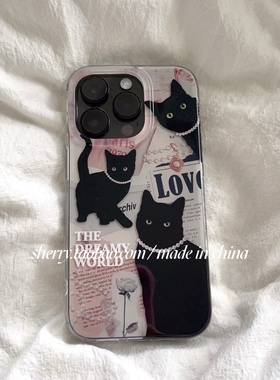 SHERRY*ins高级感复古报纸黑色小猫咪适用于iphone17promax苹果16小众15手机壳韩风可爱卡通14情侣夏日新款13
