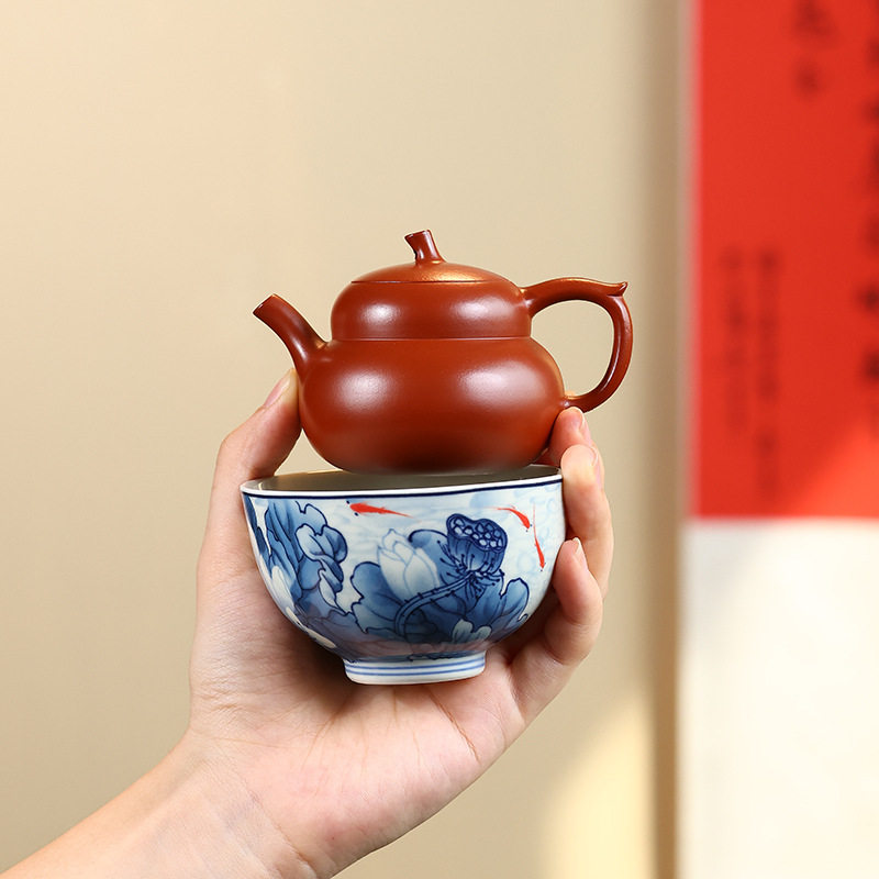 宜兴紫砂壶 朱泥葫芦壶90cc 功夫茶具迷你小壶一壶两杯礼盒套组