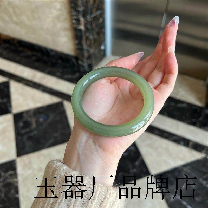 和田玉晴水手镯女款湖水绿圆条阿富汗青白玉茶色天然少女玉镯证书