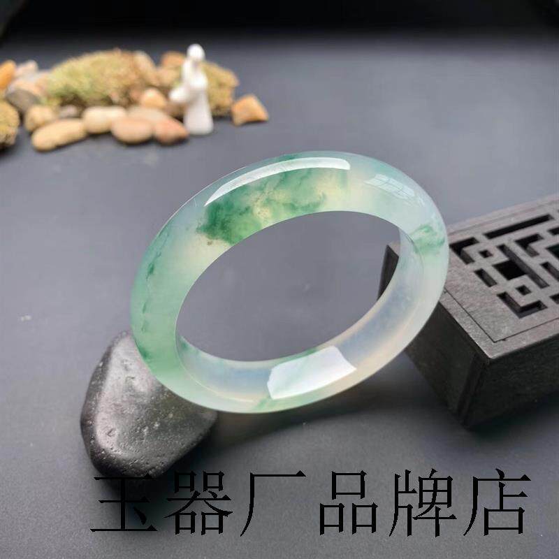 缅甸冰种飘花翡翠手镯半山半水贵妃玉镯阳绿戒面蛋面吊坠送女朋友