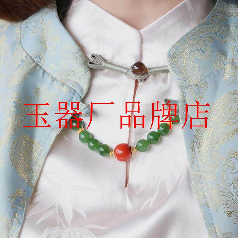 俄罗斯碧玉圆珠大颗粒项链和田玉菠菜绿新中式国风满色阳绿锁骨链