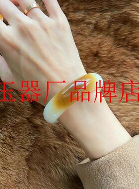 老坑且末老料和田白玉糖料俏色籽料羊脂白玉女款宽版手镯气质饰品