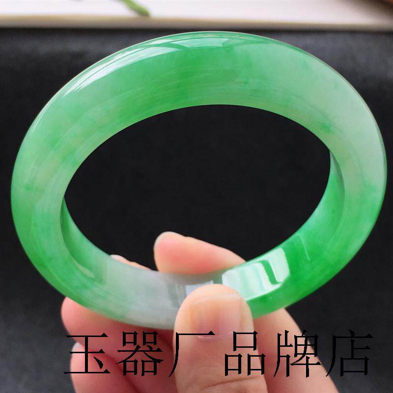 缅甸高端冰糯种翡翠色手镯子阳绿飘花正圈正品贵妃玉石女款珠宝