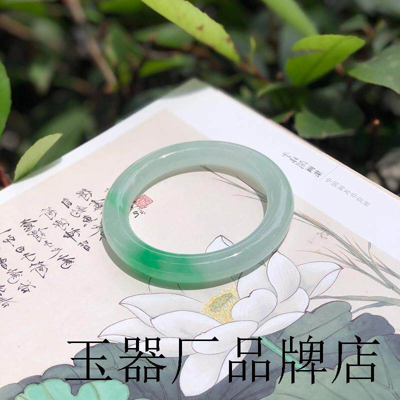缅甸翡翠色手镯冰种正阳绿飘花贵妃圆条镯女款玉石处理玉镯子证书